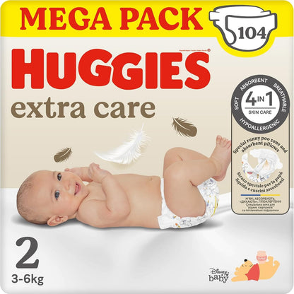 301933 - HUGGIES Pelena Extra Care për Fëmijë, Madhësia 2 (3-6 kg), Ultra Thithëse, Dizajn Disney, Pako Mega, 104 copë