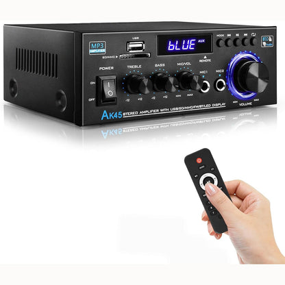 295739 - KKMOL Amplifikator Mini HiFi AK45, Stereo Bluetooth, 12V/220V, 400W, 2 kanale, me USB dhe Kartë SD