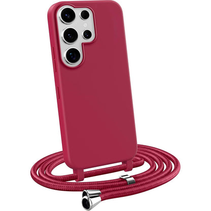 296451 - MYGADGET Mbështjellëse Cord për Samsung Galaxy S25 Ultra - Mbulesë silikoni mat me rrip qafe - Mbrojtje nga goditjet - Lëkurë burgundy