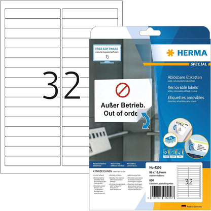 269212 - HERMA 4209 Etiketa Universale të Lëvizshme, 25 fletë, 96 x 16.9 mm, 800 copë, të bardha