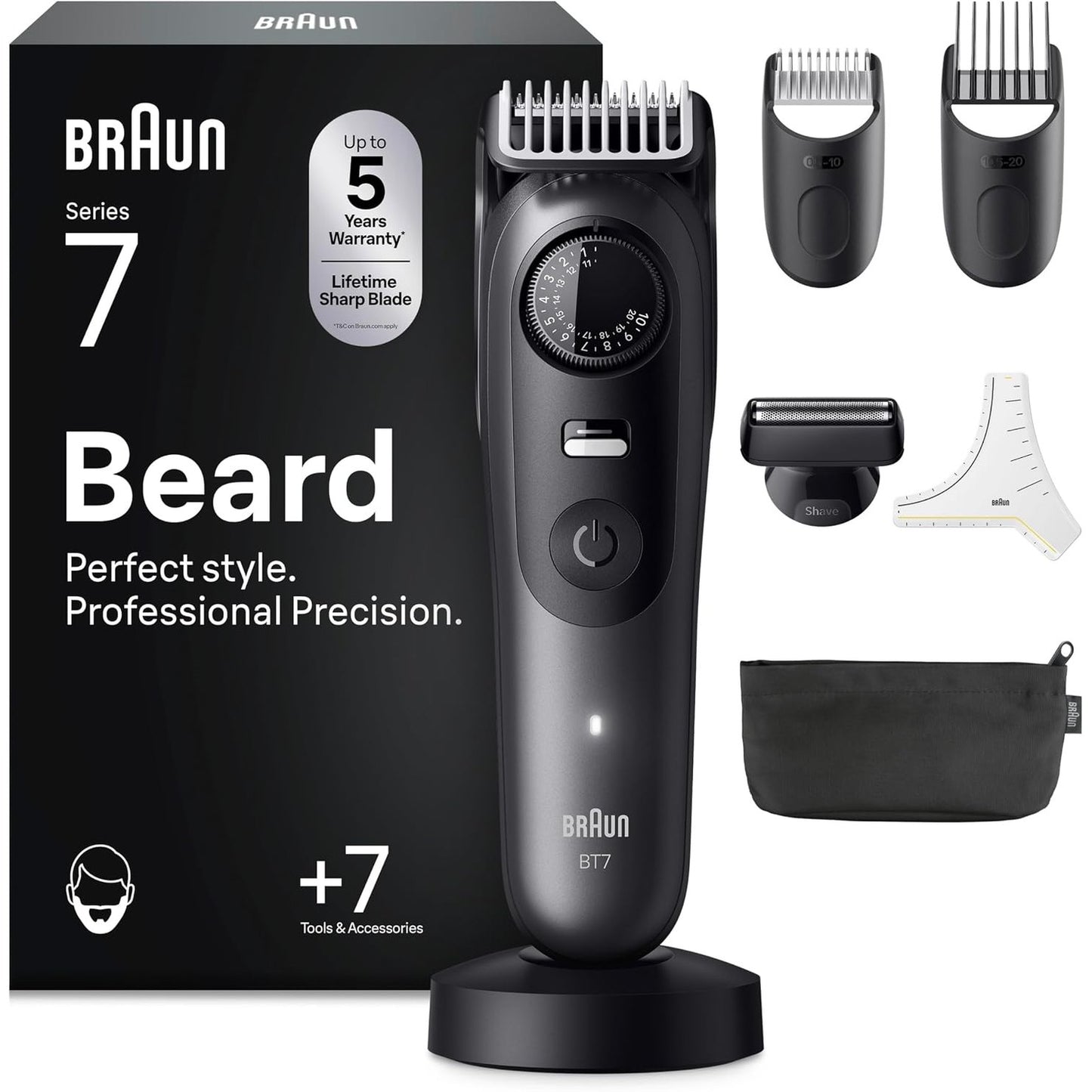 271069 - BRAUN Makinë prerëse mjekre për meshkuj Seria 7, +7 Vegla berberi, Teh Problade i mprehtë, Jetëgjatësi baterie deri në 120 minuta, Rezistent ndaj ujit, BT7525, Gri