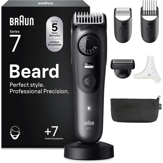 271069 - BRAUN Makinë prerëse mjekre për meshkuj Seria 7, +7 Vegla berberi, Teh Problade i mprehtë, Jetëgjatësi baterie deri në 120 minuta, Rezistent ndaj ujit, BT7525, Gri
