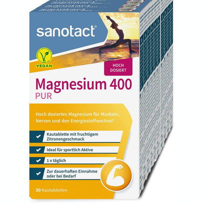 293423 - SANOTACT Magnesium 400, 10 x 30 tableta përtypëse, 400 mg magnez, 100% vegan, karbonat magnezi dhe oksid magnezi