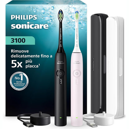 320924 - PHILIPS Furçë dhëmbësh elektrike Sonicare Series 3100, HX4072/42, Sensor presioni, 3 intensitete, EasyStart, SmartTimer, Jetëgjatësi baterie 14 ditë, Çantë udhëtimi, e zezë dhe rozë, Pako me 2 copë