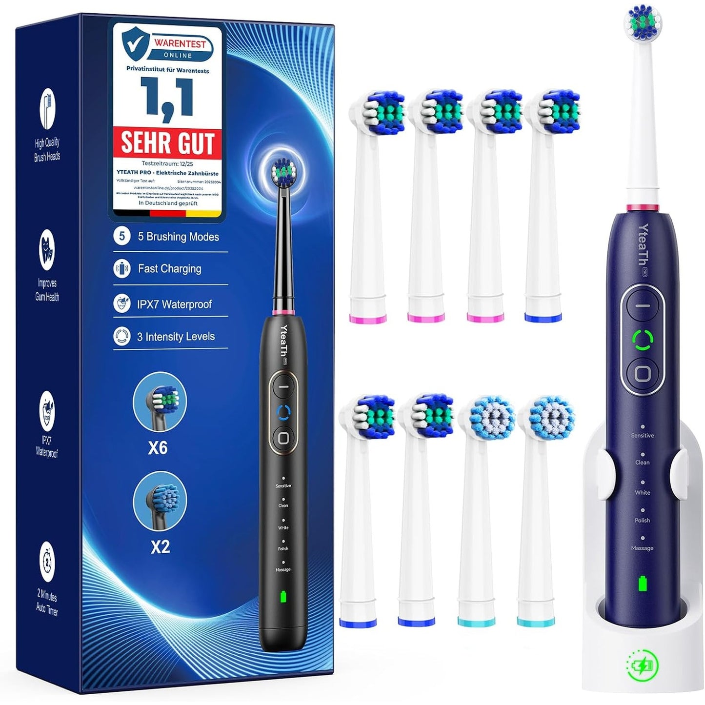 321277 - Furçë dhëmbësh elektrike rrotulluese me 8 koka furçe (2 lloje), 3 nivele intensiteti, 5 mënyra, me stacion karikimi që montohet në mur (blu)