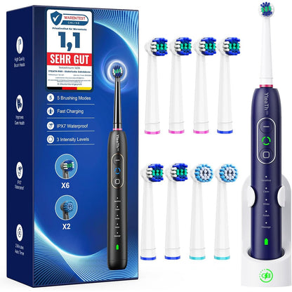 321277 - Furçë dhëmbësh elektrike rrotulluese me 8 koka furçe (2 lloje), 3 nivele intensiteti, 5 mënyra, me stacion karikimi që montohet në mur (blu)