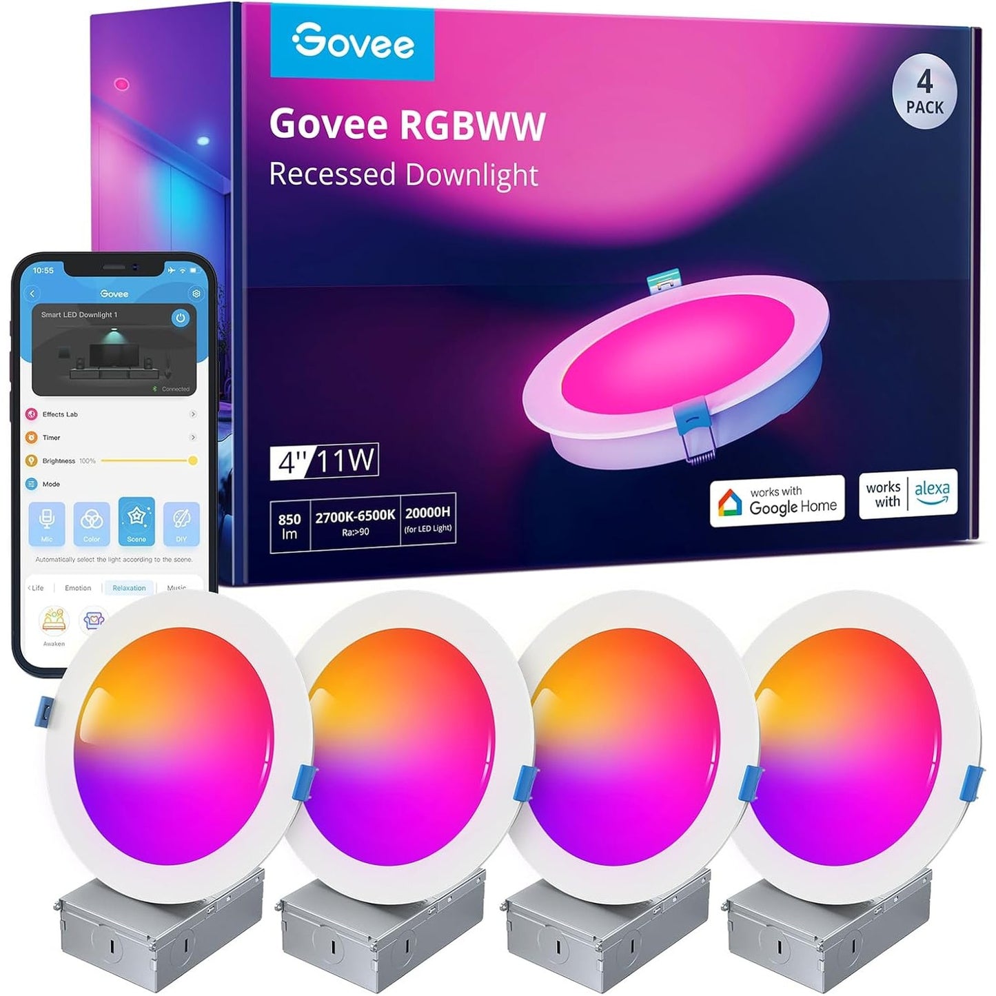 183116 - GOVEE Drita LED e Fshehur Smart 11W, RGBWW 120mm, të Errësueshme, Spot Ultra të Sheshtë në Tavan, të Pajtueshme me WiFi dhe Alexa 850LM, për Banjo, Kuzhinë, Dhomë Ndenjeje, Pako me 4 Copë