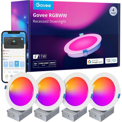 183116 - GOVEE Drita LED e Fshehur Smart 11W, RGBWW 120mm, të Errësueshme, Spot Ultra të Sheshtë në Tavan, të Pajtueshme me WiFi dhe Alexa 850LM, për Banjo, Kuzhinë, Dhomë Ndenjeje, Pako me 4 Copë