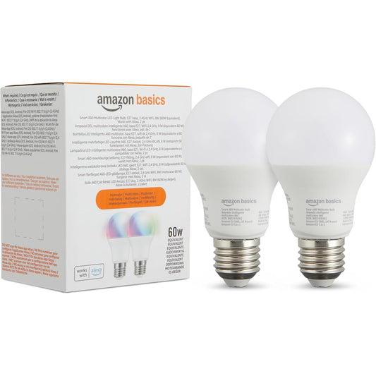201244 - AMAZON BASICS Llambë LED Inteligjente që Ndryshon Ngjyrë, E27, 8W (Ekuivalente me 60W), Funksionon Vetëm me Alexa, Pako me 2, Shumëngjyrëshe