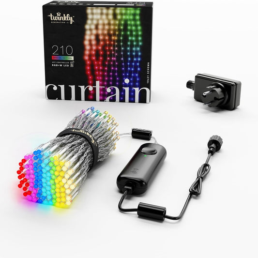 187053 - TWINKLY Perde LED RGB+e Bardhë me 210 Drite, Shirit Dritash për Brendshme dhe të Jashtme, Drita Inteligjente Shumëngjyrëshe, E Përputhshme me Alexa dhe Google Home, IP44, Kontroll Nëpërmjet Aplikacionit, Tel Transparent, Madhësia 1.5m x 2.1m