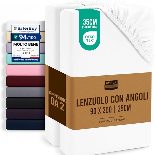 210651 - UTOPIA BEDDING Çarçafë - Pako me 2 Çarçafë të Montuar 90x200cm, Bezhë, Mikrofibër e Lëmuar, Xhep i Thellë 35cm, I Çertifikuar OEKO-TEX