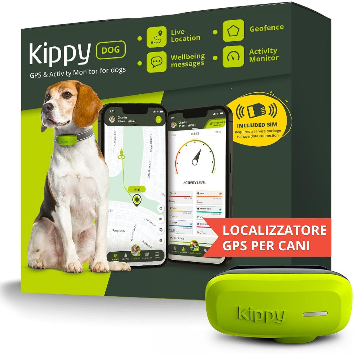 309757 - KIPPY DOG | GPS për Qen – Gjurmues GPS i papërshkueshëm nga uji për qen, fiksohet në jakë – Gjurmues aktiviteti dhe shëndeti për qenin tuaj, me gardh virtual dhe njoftime – Jeshile