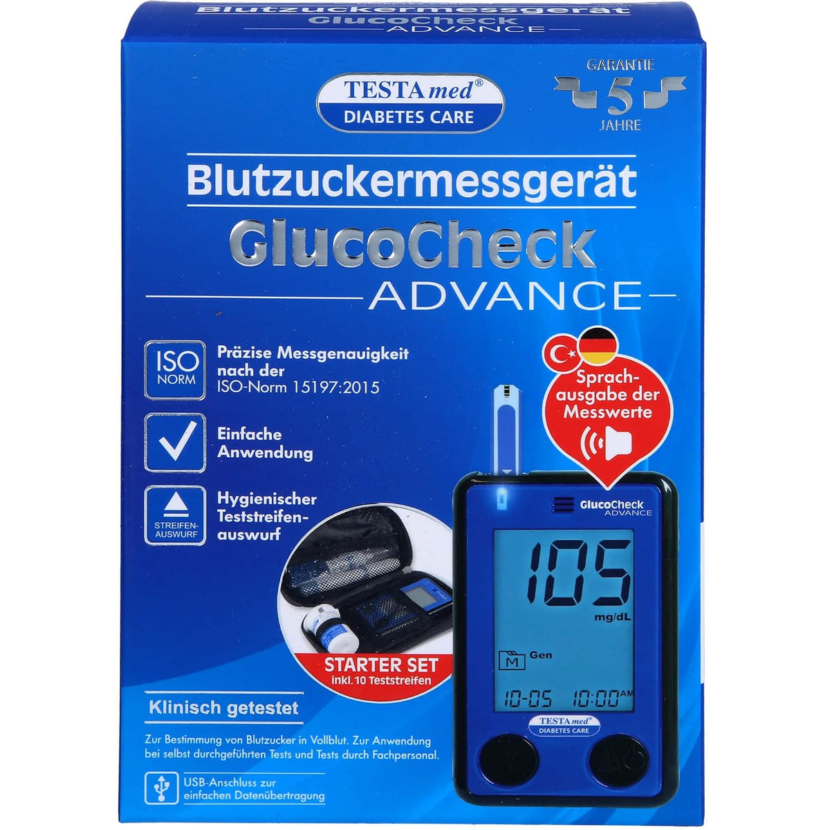 298469 - TESTAmed - Matësi i glukozës në gjak Glucocheck Advance, paketë fillestare me shirita testimi dhe pajisje lancet, dalje zanore