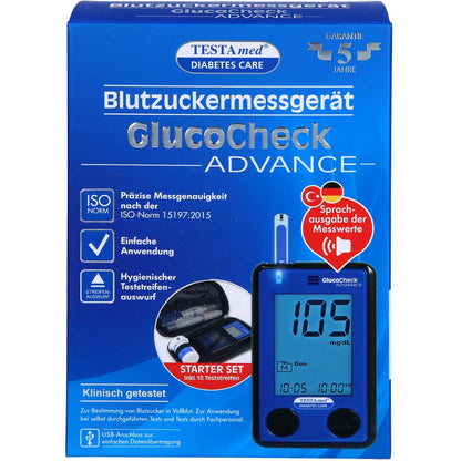 298469 - TESTAmed - Matësi i glukozës në gjak Glucocheck Advance, paketë fillestare me shirita testimi dhe pajisje lancet, dalje zanore