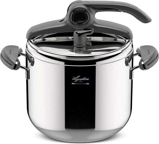 187091 - LAGOSTINA Mia Tenxhere me Presion 7L, Prej Çeliku Inox 18/10, Ø 22cm, Përdorim në Induksion dhe Gaz, Kapak i Lehtë për hapje, Bazë me Tre Shtresa, e Lavueshme në Lavastovilje