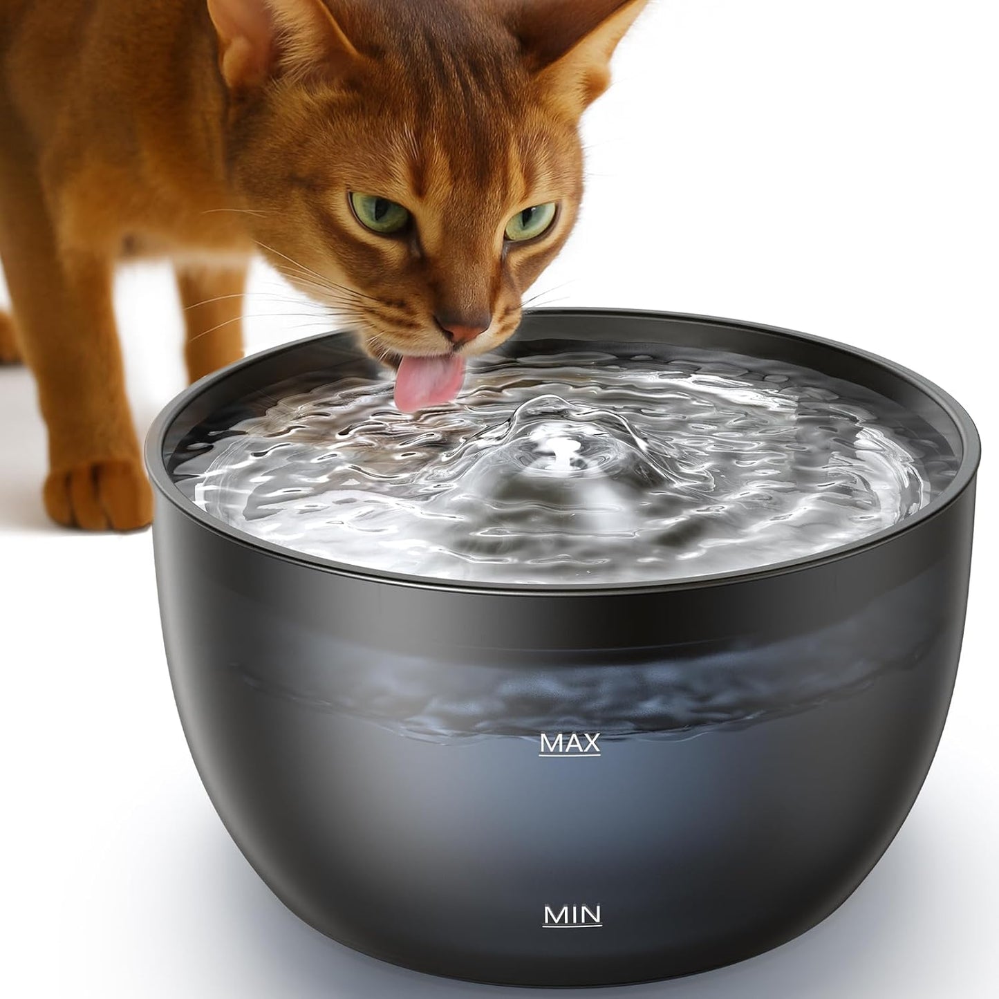 256999 - FEELNEEDY Shatërvan uji për mace 3L me filtër karboni të aktivizuar - Tas uji prej çeliku inox - Rezervuar uji transparent - i zi