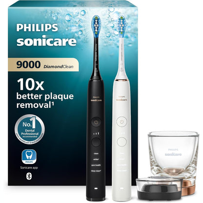 315042 - PHILIPS Furçë dhëmbësh elektrike Sonicare DiamondClean 9000, furçë dhëmbësh sonike me aplikacion, kontroll presioni, 4 mënyra pastrimi, 3 nivele intensiteti, xham karikimi, ari i zi dhe rozë, pako me dy pjesë, modeli HX9914/57