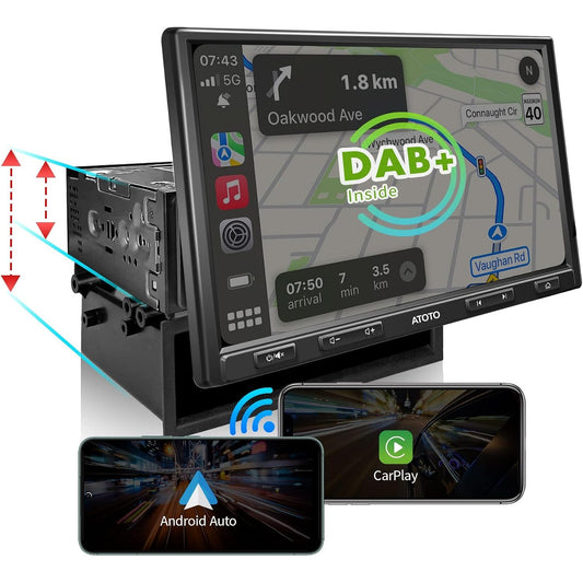 276020 - ATOTO F7XE Radio makine adaptive 10 inç me DAB+ të integruar, dy DIN dhe një DIN me Bluetooth, CarPlay pa tel, Android Auto, radio DAB, MirrorLink, HD-LRV, karikim i shpejtë, F7G110XED