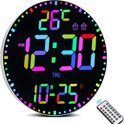 195384 - DHNVCUD Orë Muri Dixhitale, 30.5 cm, LED me 12 Ngjyra RGB dhe Telekomandë, Ekran LED, Përfshi Temperaturë, Datë, Javë, Shkëlqim të Rregullueshëm