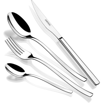 195893 - MONIX Génova - Set takëmesh prej Çeliku Inox 18/10 me 24 Pjesë, Përfshirë Thikë Bifteku, me Dizajn Modern dhe Avangard, Sipërfaqe e Lëmuar, Trashësi 2.5mm, për 6 Persona, Ngjyrë Argjendi