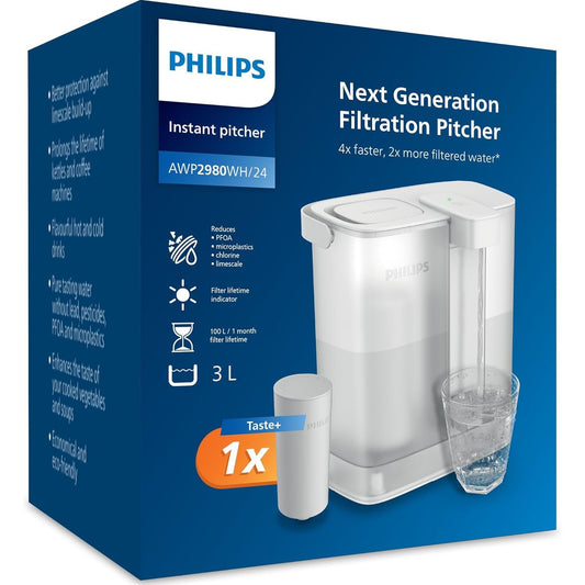 130154 - PHILIPS WATER - Filtër Uji i Menjëhershëm, Me 3 Filtra, Kapaciteti 3L, Filtrim i Avancuar, Rryma 1L/min, USB-C, Eliminon Klorin, Plumbin, Pesticidët dhe Mikroplastikët