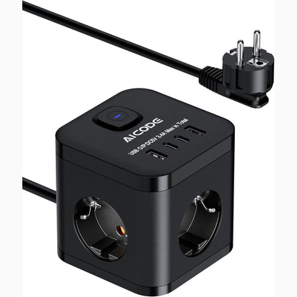 266992 - AICODE Kub Fuqie 3-Kahësh 3680W me 4 USB (2x USB-C) dhe Kyç Sigurie për Fëmijë, kabllo zgjatuese 2m, e zezë