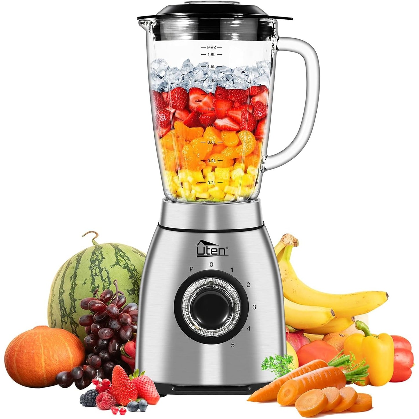 288231 - UTEN Blender për Smoothie 2L, Mikser Kuzhine 1800W, Puls, 5 Shpejtësi, Blender Dore me Kavanoz Qelqi, Strehë Çelik Inoks, Teh me 6 Faqe
