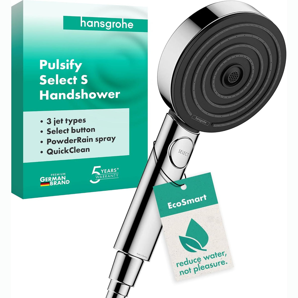 322373 - Kokë dushi hansgrohe Pulsify Select S - Kokë dushi që kursen ujë me 9 l/min (EcoSmart), dush dore me 3 modele spërkatjeje (Relaxation Edition), kokë dushi e rrumbullakët (diametër 105 mm), krom
