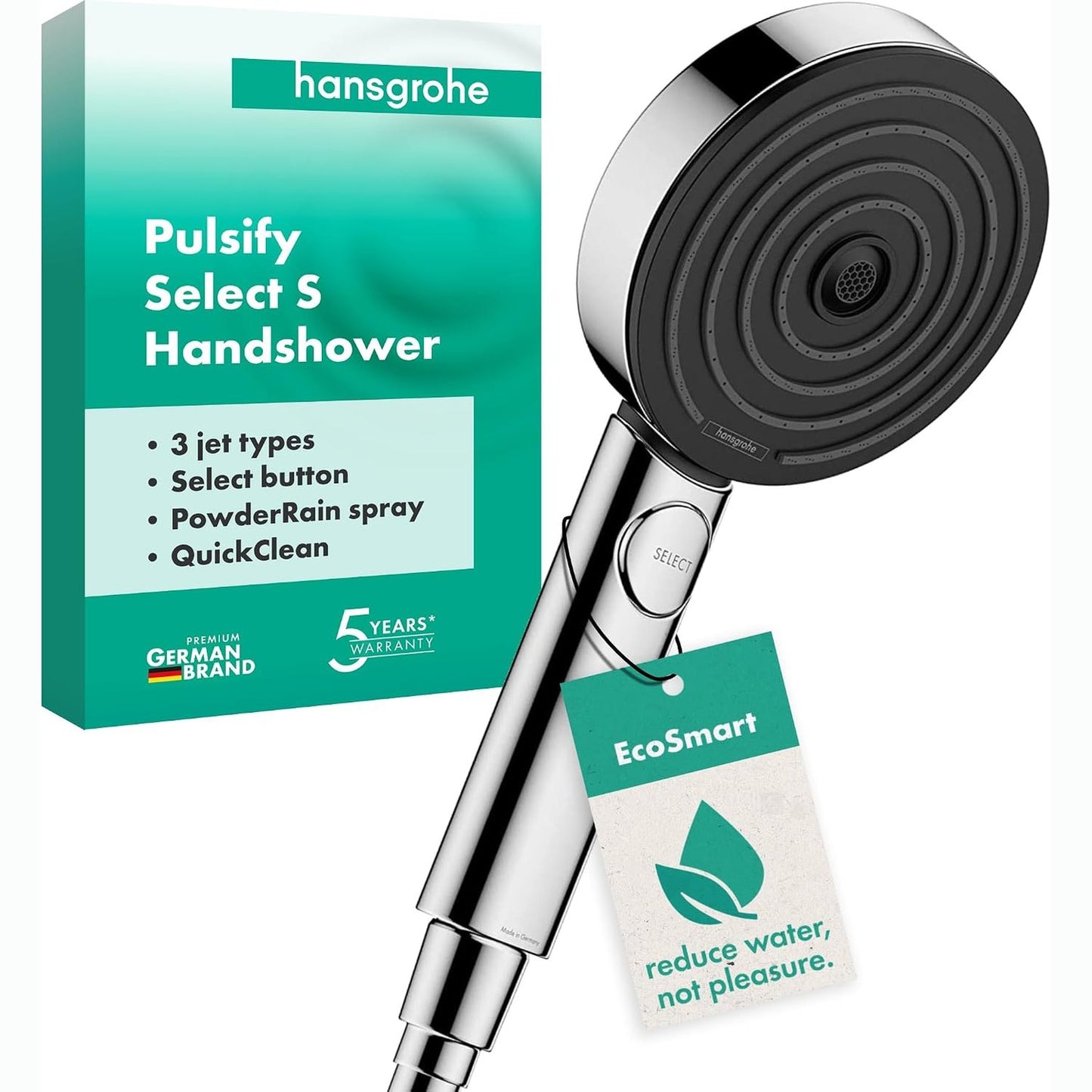 293165 - HANSGROHE Pulsify Select S - kokë dushi që kursen ujë 6.9 l/min (EcoSmart), dush dore me 3 modele spërkatjeje, kokë dushi 105 mm, krom, 24111000