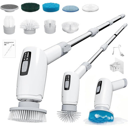 201205 - CLEANGOR Furçë Pastruese Elektrike Rrotulluese për Banjo, me 9 Koka Furçash të Zëvendësueshme, Shpejtësi 3, Zgjatje e Rregullueshme, Përdorim në Banjo, Kuzhinë dhe Dysheme, Ngjyra e Bardhë