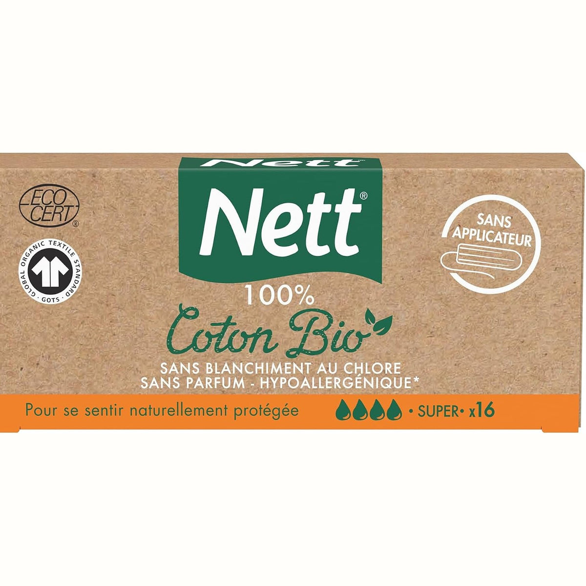 298911 - NETT – Tampona Super prej Pambuku 100% Organik pa Aplikator (Kuti me 16 copë) – Tampona pambuku të pazbardhura, pa klor dhe pa aromë – Hipoalergjike me brazda të lakuara