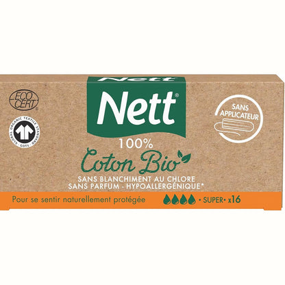 298911 - NETT – Tampona Super prej Pambuku 100% Organik pa Aplikator (Kuti me 16 copë) – Tampona pambuku të pazbardhura, pa klor dhe pa aromë – Hipoalergjike me brazda të lakuara