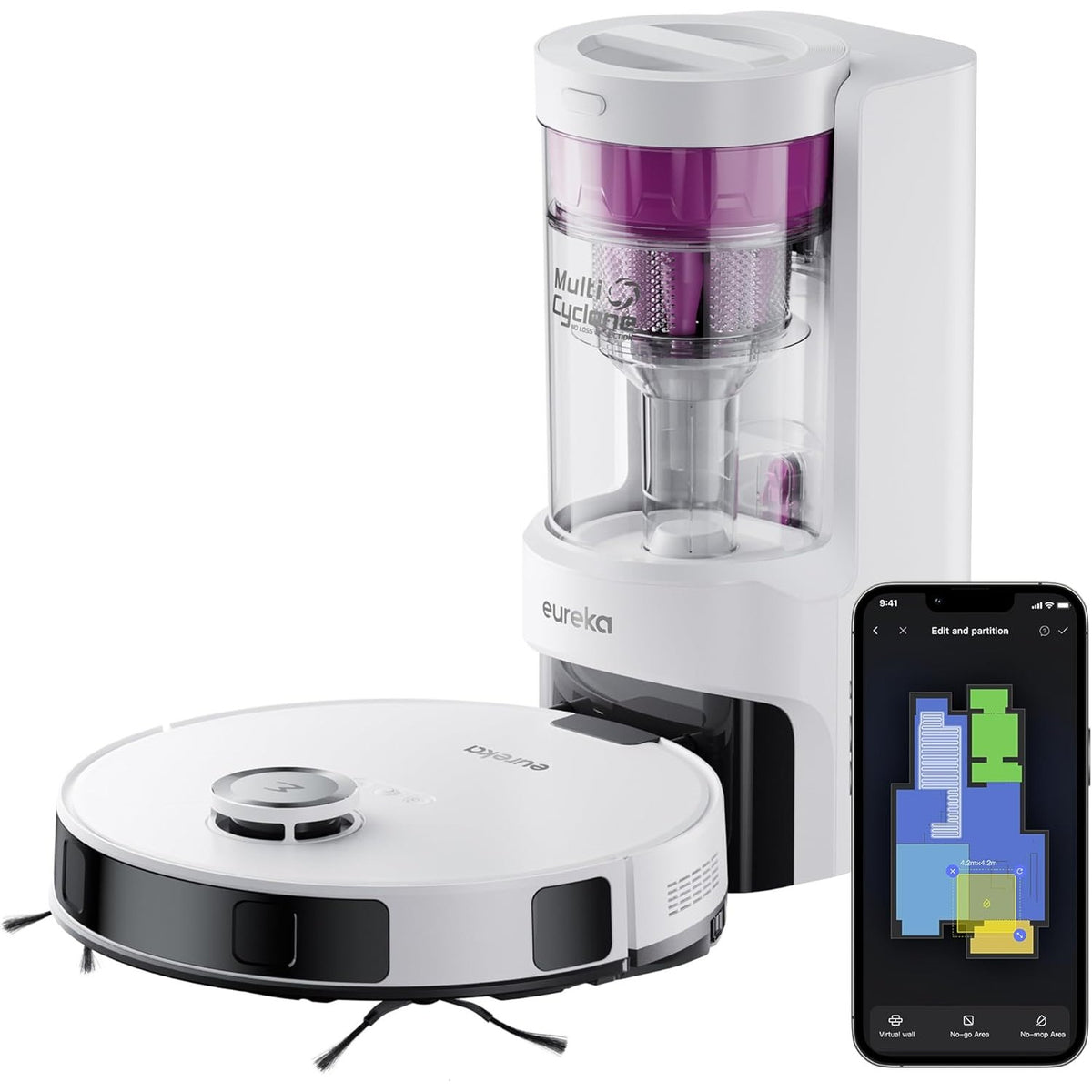 89062 - EUREKA Robot Fshesë NERE10s 4000Pa, Stacioni i Lidhjes, Lidhja Wifi/App, Mbledhja automatike e Pluhurit, Jetëgjatësi e Baterisë 180 Minuta, Navigacion LiDAR, Pastrim i Lehtë për 45 Ditë