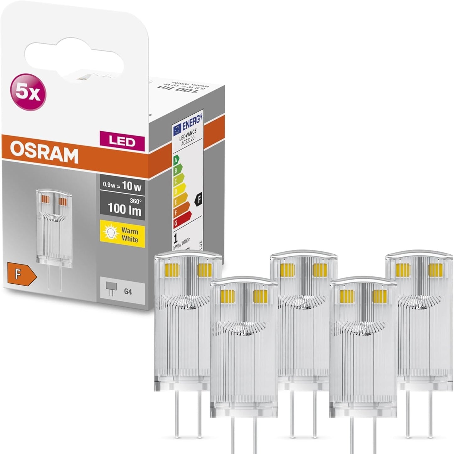 192678 - OSRAM - Set 5 Llamba LED Star PIN, Bazë G4, Xham Transparent, Ngjyra Bardhë E Ngrohtë (2700K), Fuqi 100 Lumen, Zëvendësim për Llamba 10W Konvencionale, pa Errësim