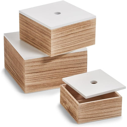 293532 - ZELLER Kuti ruajtjeje, set prej 3 copësh, dimensionet: 16 x 16 x 8 cm; 20 x 20 x 11.2 cm; 24 x 24 x 14 cm, ngjyrë e bardhë/natyrale, material dru