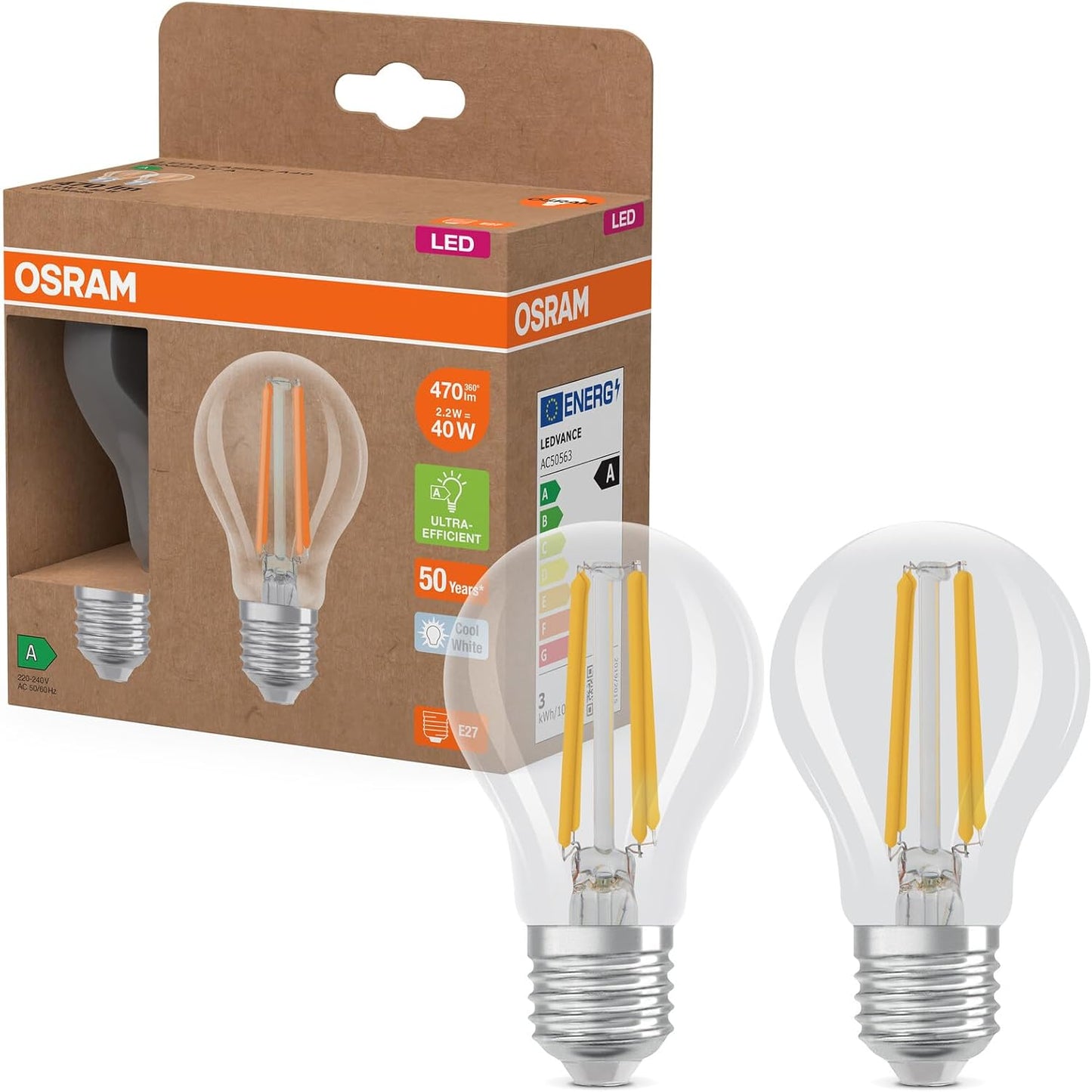 215947 - OSRAM Llambë LED në formë klasike, 2.2 W / 470 lm, dritë e bardhë e ftohtë (4000 K), CRI 80, bazë E27, IP20, diametër 60 mm.