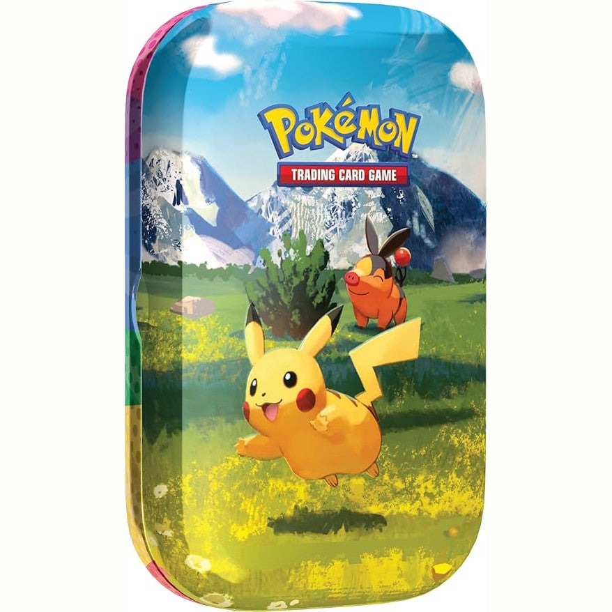 141569 - Pokémon TCG: Mega Evolution—Ascended Heroes Mini Tin: Pikachu & Tepig (1 fletë ngjitësesh, 1 kartë arti Pokémon dhe 2 paketa përforcuese).