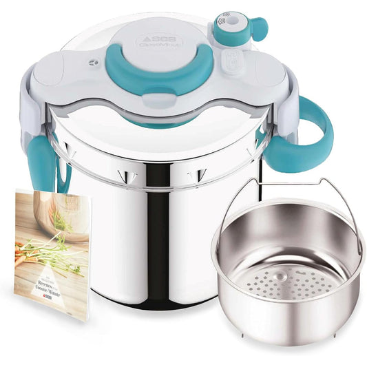 239257 - SEB ClipsoMinut' Easy+ 6L, Hapje e lehtë me një dorë, Kursen hapësirë, Tenxhere me presion induksion, Prodhuar në Francë, Tenxhere me presion prej çeliku inox, Blu P4900716