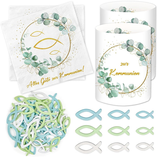 11259 - DEKORIM TAVOLINE - Set prej 92 pjesësh me 20 Peceta, 12 Fenerë Tavoline dhe 60 Peshq prej Druri - Dekorim për Festën e Ungjillit në Ngjyrë Jeshile dhe Të tjera - Dhuratë për Djem dhe Vajza