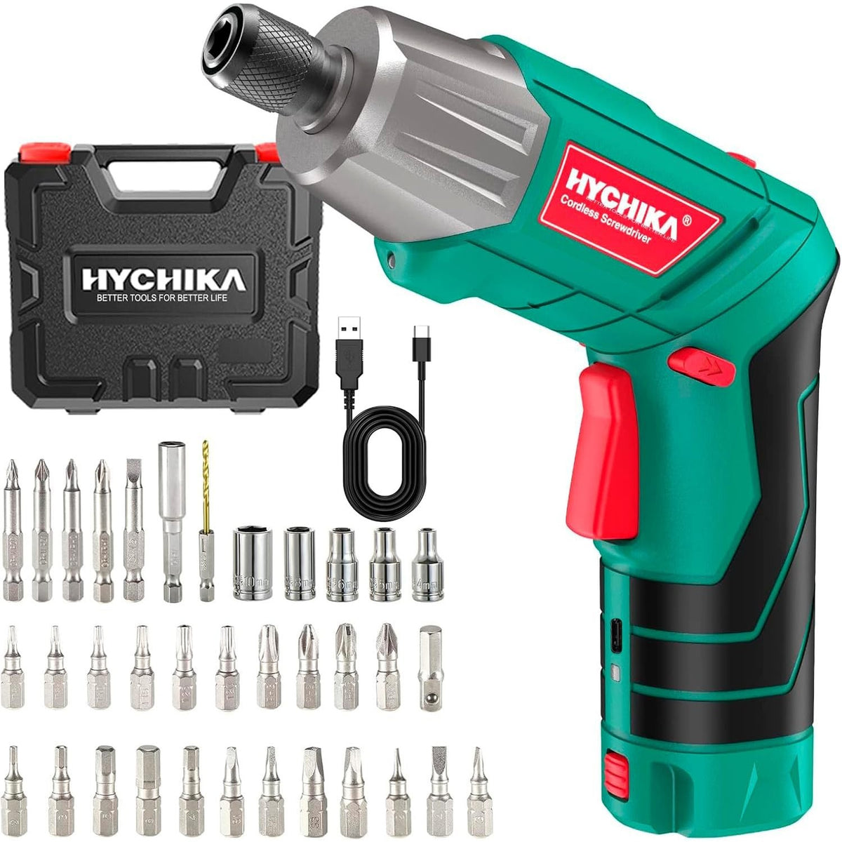 313859 - HYCHIKA Kaçavidë pa tel 6Nm, 2.0Ah 3.6V me 35 aksesorë, dritë LED, kabllo USB dhe kuti ruajtjeje