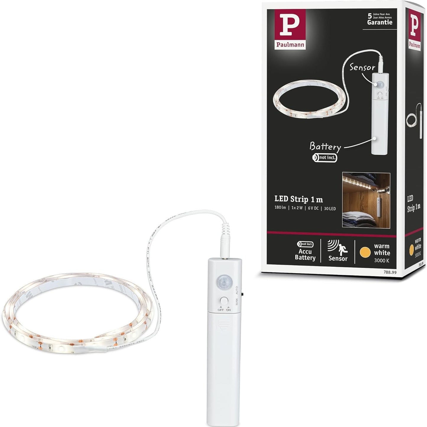229419 - Paulmann Shirit LED 78899, Me bateri, Detektor lëvizjeje, 2 W, 156 lm/m, 3000K, Plastik, I bardhë, 1 m