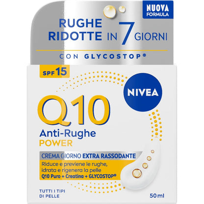 272282 - NIVEA Krem Dite Q10 Anti-Wrinkle Power Extra Firming SPF15 50 ml, krem fytyre me koenzimë Q10, kreatinë dhe glikostop, për të gjitha llojet e lëkurës
