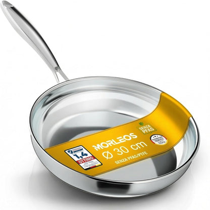 213320 - MORLEOS Tigan prej çeliku inox 18/10 Ø 30cm, 5 shtresa, 1.5kg, i përshtatshëm për furrë deri në 400°C