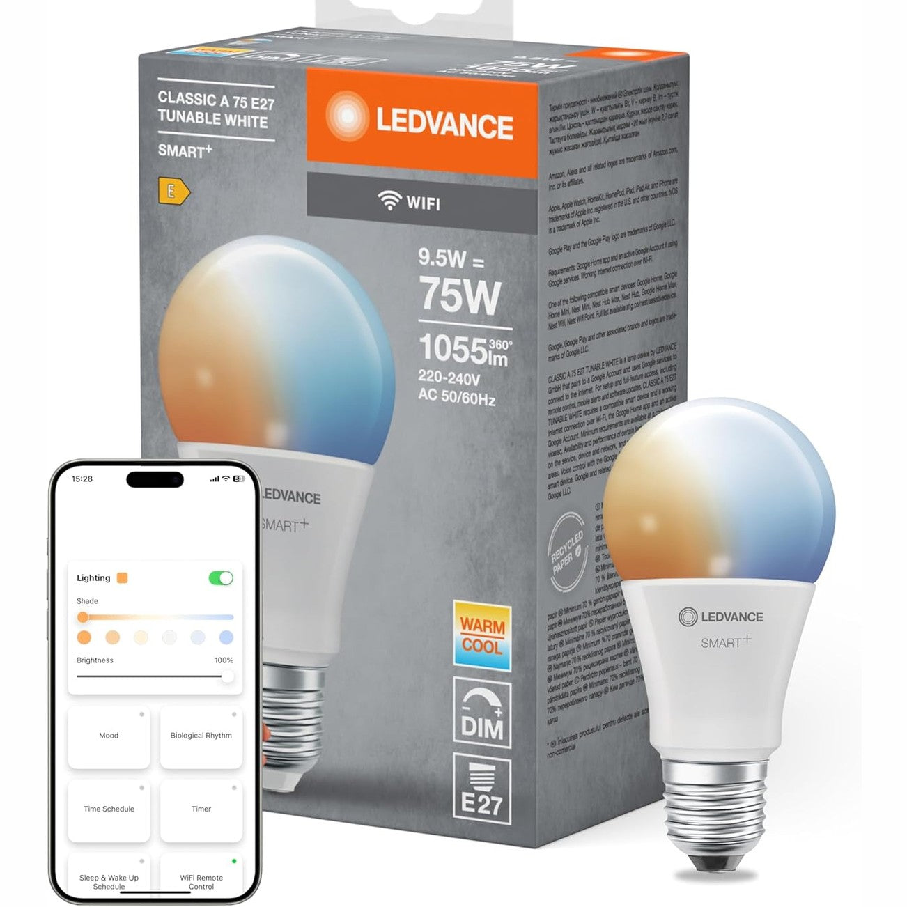 188296 - LEDVANCE SMART+ WIFI llambë LED, me ambjent të mbuluar, 9.5W, 1055lm, formë klasike, E27, dritë e bardhë e rregullueshme dhe e zbehtë, kontrollueshme me aplikacion ose me zë, jetëgjatësi deri në 20,000 orë