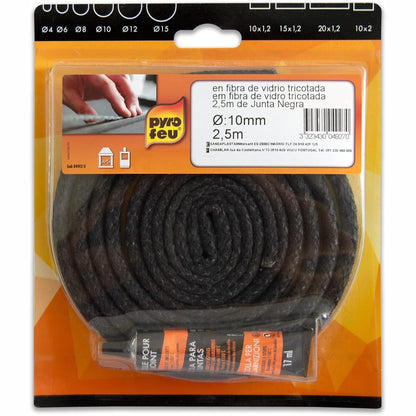 223405 - Vulosës zjarri piro - Guarnicion prej tekstil me fije qelqi i zi, Diametri 10 cm, 2.5 m, I reziston 500°C, Tub ngjitës 17 ml i përfshirë