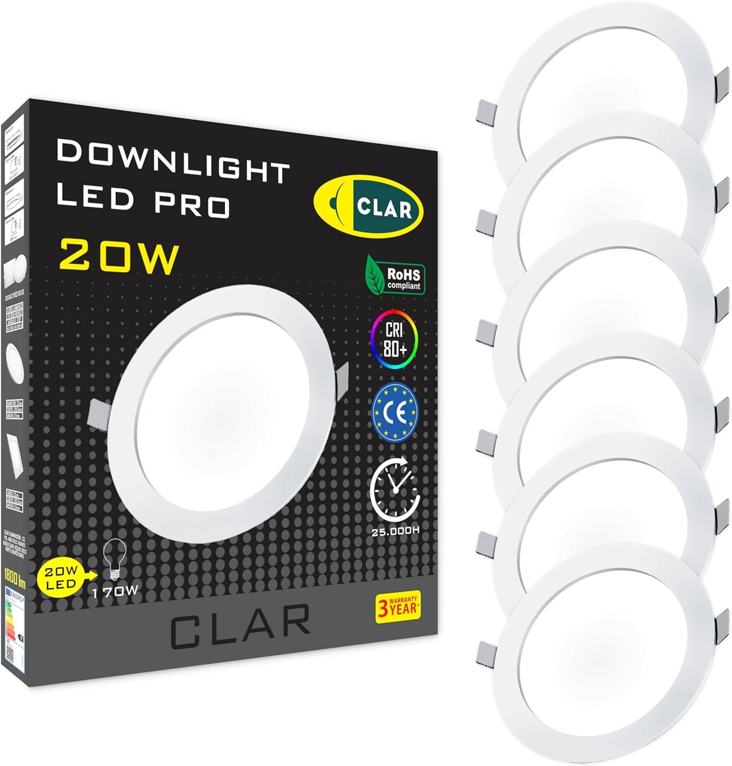 227372 - CLAR Pako me 6 Drita Reflektuese LED të Rrumbullakëta, 230V, Ndriçuese Paneli Tavani 20W