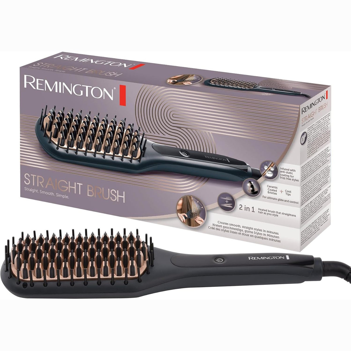 289780 - REMINGTON Furçë Drejtuese 2-në-1, Drejtuese dhe furçë flokësh, Qime të veshura me qeramikë, Antistatike, Ekran dixhital, 150-230°C, CB7400, e zezë