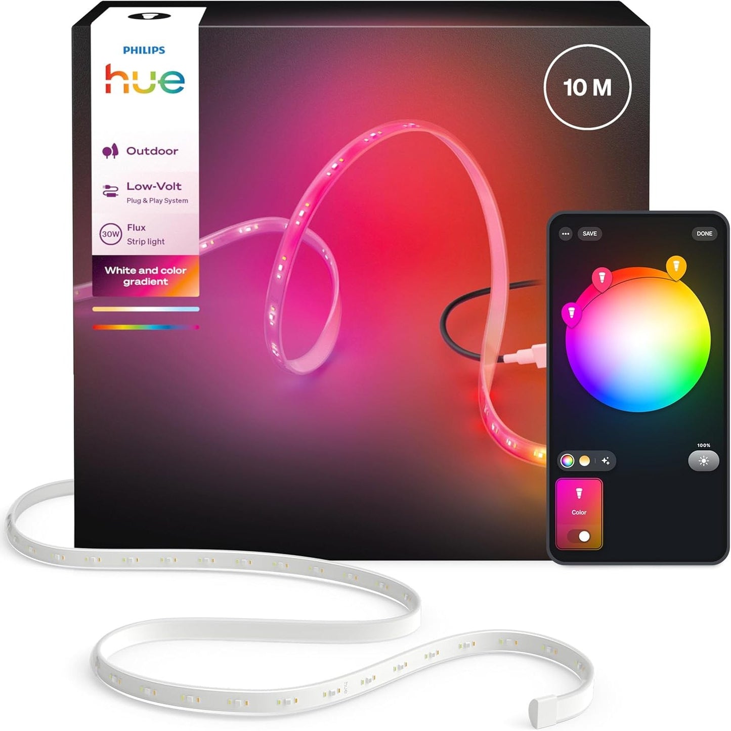 157009 - PHILIPS HUE Shirit LED Flux për ambiente të jashtme, 10m, 3,000lm, shumëngjyrësh, dritë fleksibile, përzierje ngjyrash Chromasync™, rezistente ndaj motit, kontrolli permes zërit dhe aplikacionit