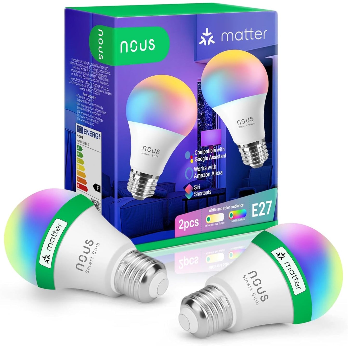 215578 - NOUS Llambë drite P3 Smart WiFi RGB E27, e pajtueshme me Matter, Alexa, Asistentin në Shtëpi, Llambë LED që ndryshon ngjyrën, WiFi 2.4 GHz