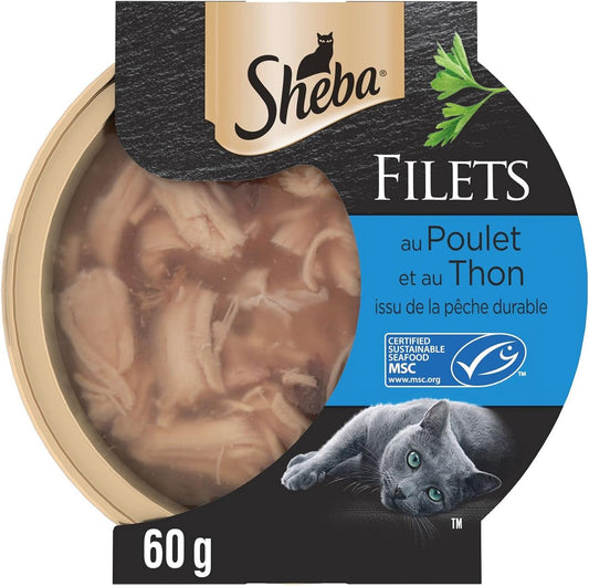 195121 - SHEBA Ushqim i lagësht për mace, Fileto me kupola në salcë, 32 Kanaçe (32 x 60g), me shije pule dhe toni, Për mace të rritura, Shtesë për ushqimin e maceve